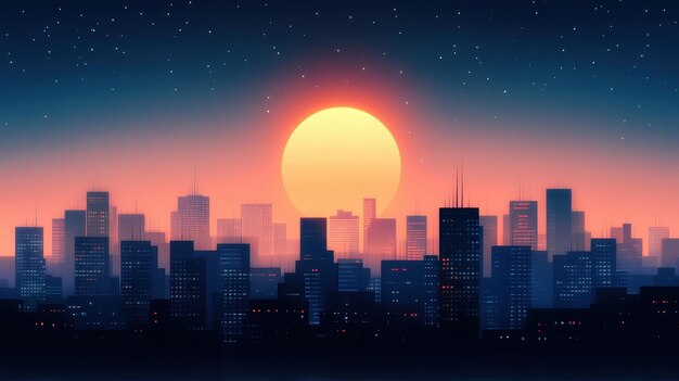 Cityscape Silhouette at Sunset with Starry Sky