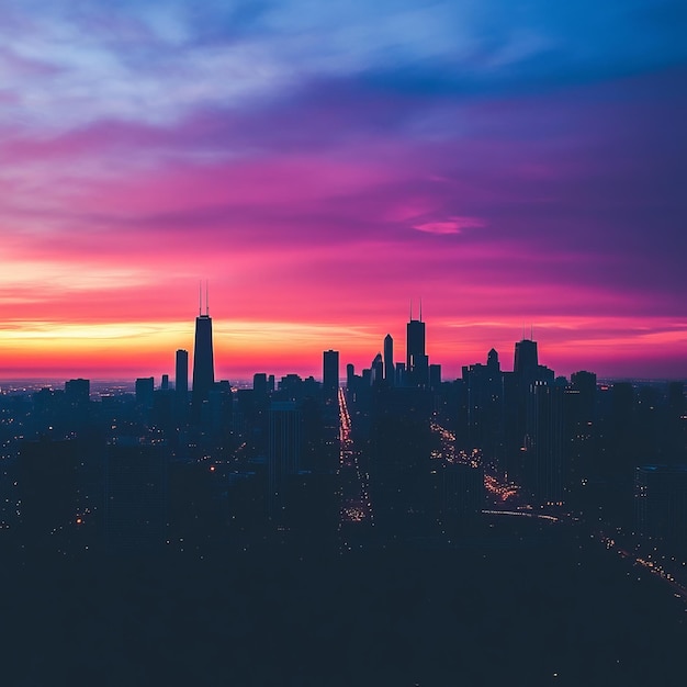 Photo cityscape silhouette with purple and blue sunrise