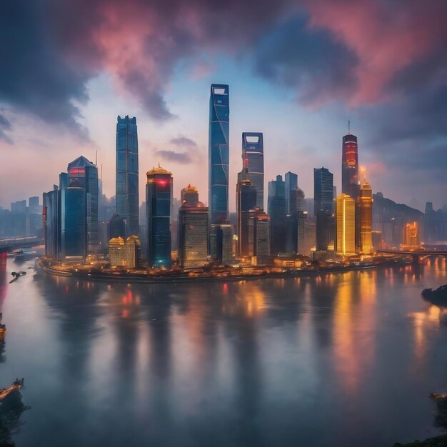 Cityscape and skyline of chongqing in cloud sky on view from empty floor