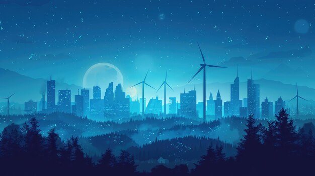 Photo cityscape under a starry night with wind turbines