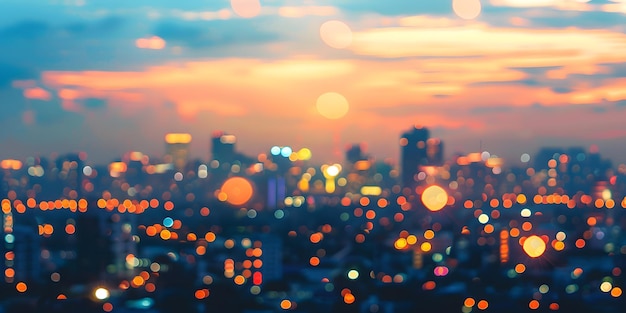 Cityscape at sunset blurry lights