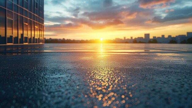 Photo cityscape sunset reflections on wet pavement