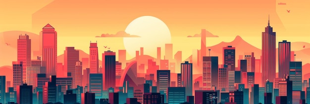 Cityscape Sunset with Minimalist Design A vibrant cityscape silhouette with a large setting