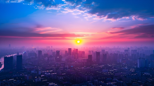 Cityscape at Sunset with Pink and Blue Sky