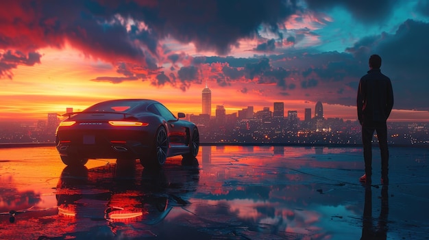 Cityscape Sunset with a Silhouette and a Sport Car