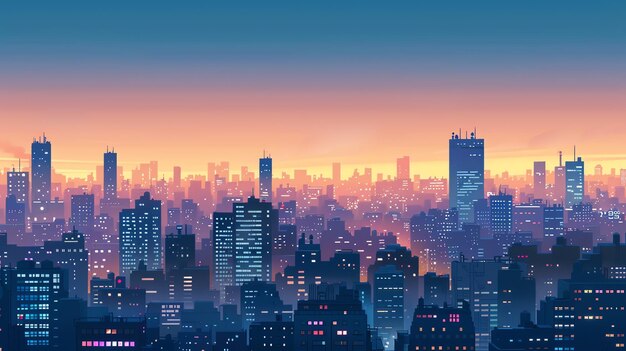 A cityscape at sunset with soft glowing colors