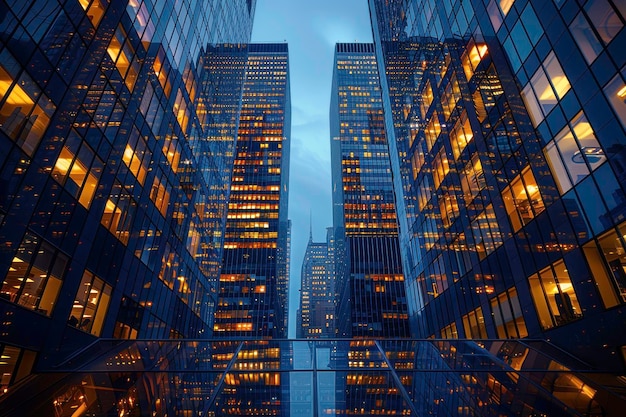 Cityscape of tall skyscrapers with illuminated windows at dusk capturing urban life and modern archi