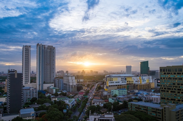 cityscape view of beautiful sky blue orange color and building Landscape sunset scene