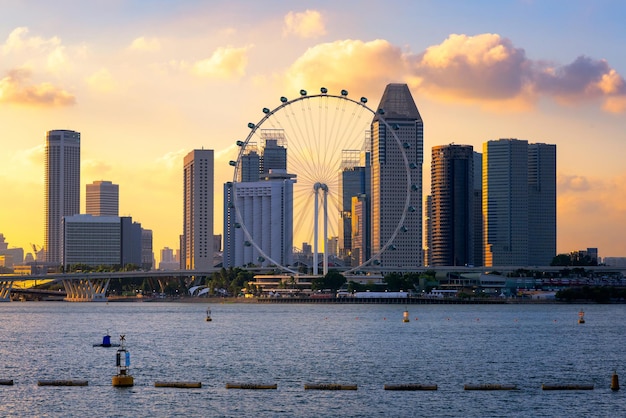 Cityscape view of business downtown building area during sunset time at Singapore