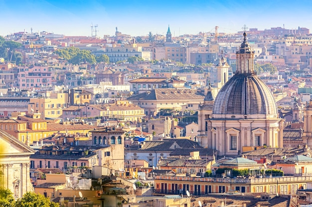 Cityscape view of historic center of Rome Italy from the Gianicolo hill during summer sunny day