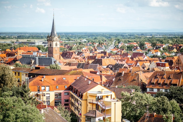 Cityscape view on the Obernai village during the sunset in Alsace region, France