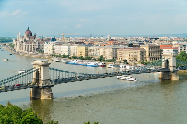 Cityscape view on a Szechenyi chain bridge and Pest bank from the view point on Buda bank of Danube in Budapest Hungary