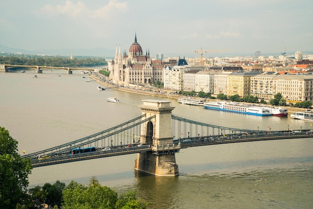 Cityscape view on a Szechenyi chain bridge and Pest bank from the view point on Buda bank of Danube in Budapest Hungary