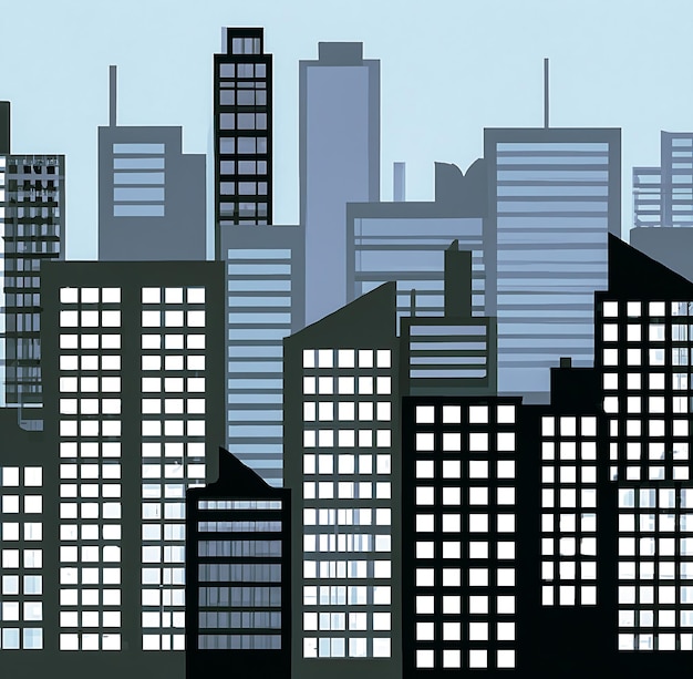 A cityscape with a blue background and a black building with a white sign that says " the word " on it. "