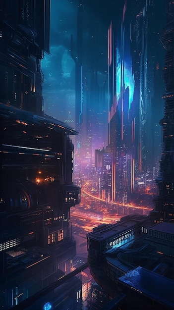 Cityscape with a blue light and a building in the background