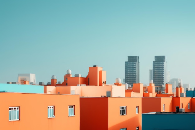 A cityscape with a blue sky and a building with a lot of windows.