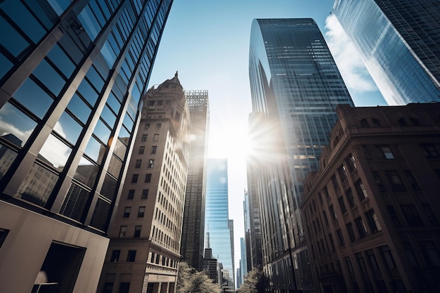 A cityscape with a blue sky and a building with the sun shining through it