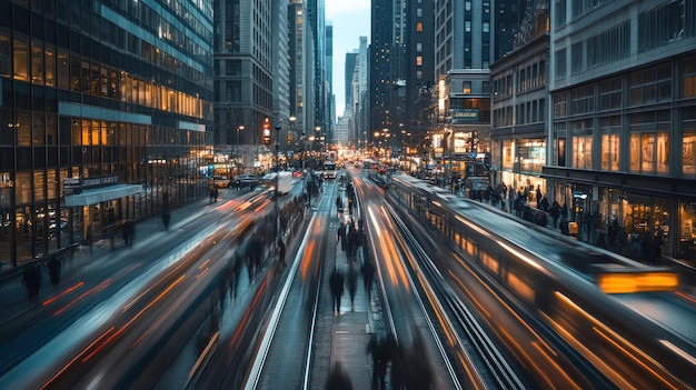 Photo cityscape with blurred light trails and pedestrians on a street