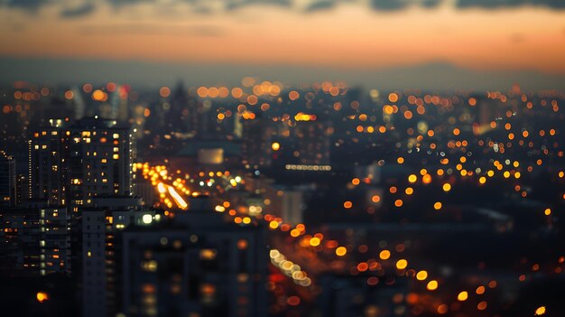 Photo cityscape with blurry lights and a skyline at dusk