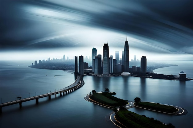 A cityscape with a bridge and a city in the background