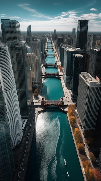 A cityscape with a bridge over a river