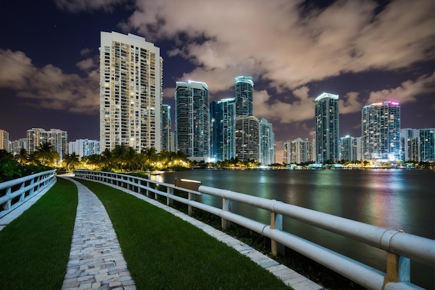 Cityscape with a bridge and skyline in Brickell Key Park Miami USA