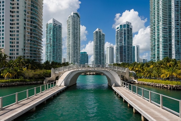 Cityscape with a bridge and skyline in Brickell Key Park Miami USA