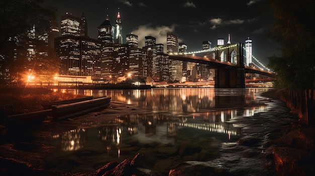 A cityscape with a bridge and the word brooklyn on the bottom