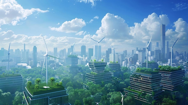 A cityscape with buildings featuring green rooftops and integrated wind turbines powered entirely by renewable energy showcasing the future of urban sustainability