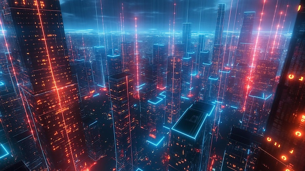 A cityscape with buildings lit up in red and blue