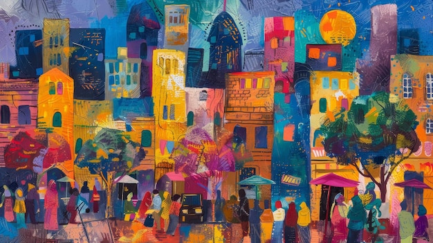 Cityscape with busy streets and stalls forms an energetic background