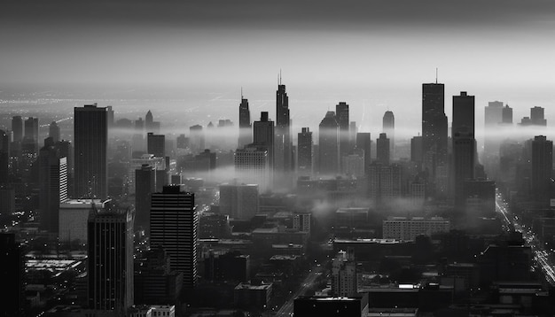 A cityscape with the chicago skyline in the fog.