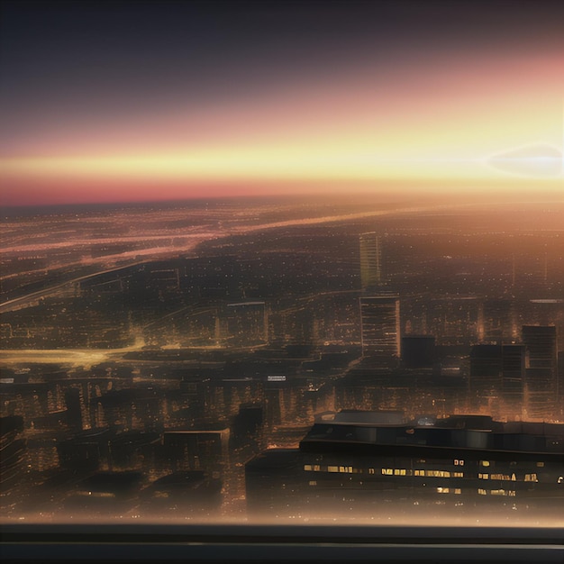 A cityscape with a city in the background and the sun shining on the horizon.