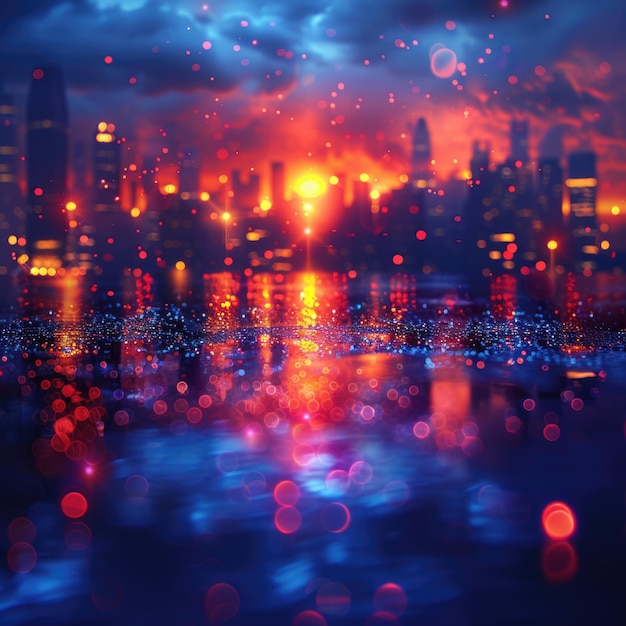 a cityscape with a city in the background and a water droplet in the foreground