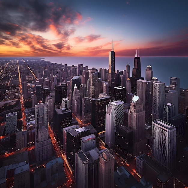 A cityscape with a cityscape and the sky at sunset.