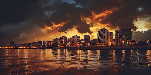 A cityscape with a cloudy sky and the sun setting behind it