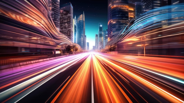 A cityscape with a colorful light on the road