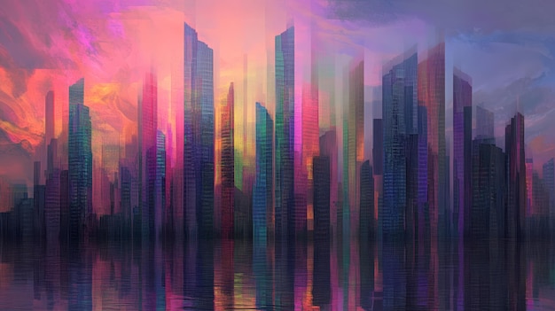 Cityscape with colorful reflections in water at sunset