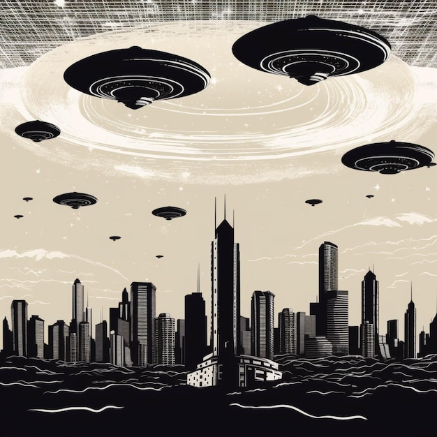 Cityscape with flying saucer in the sky Vector illustration