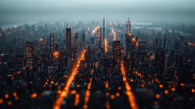 Photo cityscape with futuristic neon grid overlay showcasing a digital world