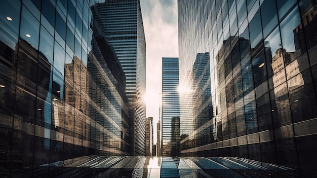 A cityscape with a glass building and the sun shining on it