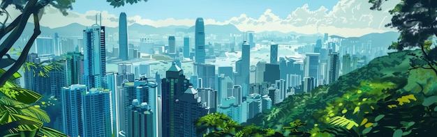 Photo a cityscape with a green forest in the background