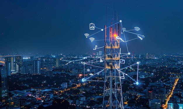 Cityscape with Illuminated Communication Tower