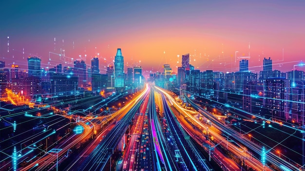 Cityscape with Illuminated Highway and Digital Network