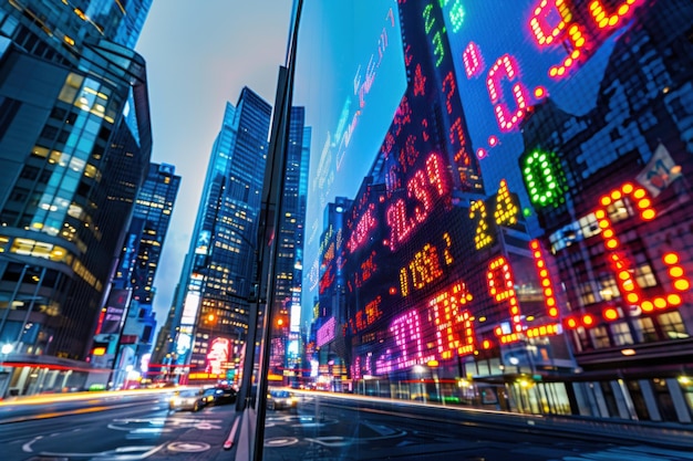 Cityscape with Illuminated Stock Ticker Display