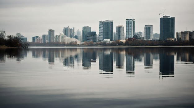 A cityscape with a lake and a cloudy sky