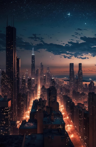 Cityscape with lit streets with stars and clouds created using generative ai technology