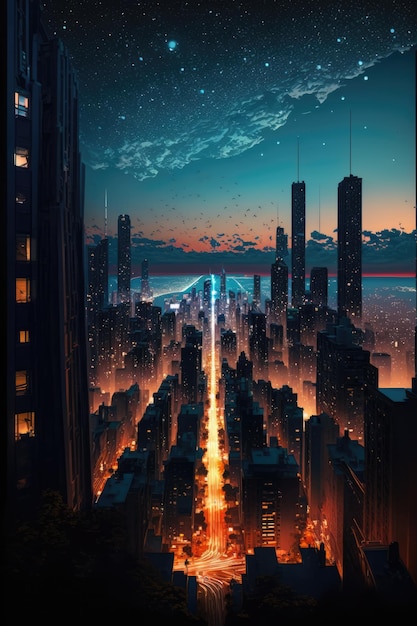 Cityscape with lit streets with stars and clouds created using generative ai technology