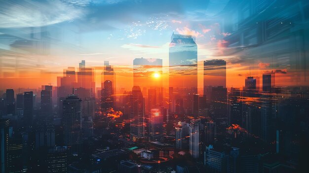 cityscape with a mesmerizing sunset showcasing vibrant colors and reflections of modern skyscrapers