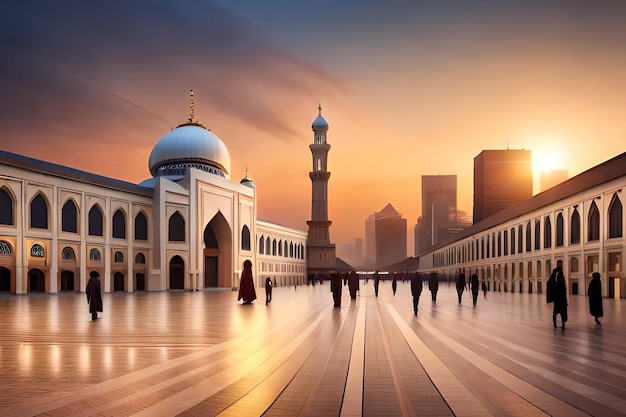 A cityscape with a mosque and people walking in front of it